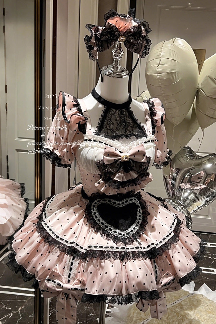 Pink [Apprentice Cupid] Halterneck Short Sleeves Print Ruffle Bowknot Lace Maid Sweet Lolita Dress - Product - 2