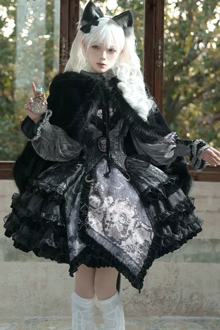 [Werewolf] Fairy Tale Lapel Collar Long Sleeves Printed Ruffled Open-Front Lace Heavy-Detailed Gothic Lolita Skirt Set (Red, Grey, Purple) - Product - 25