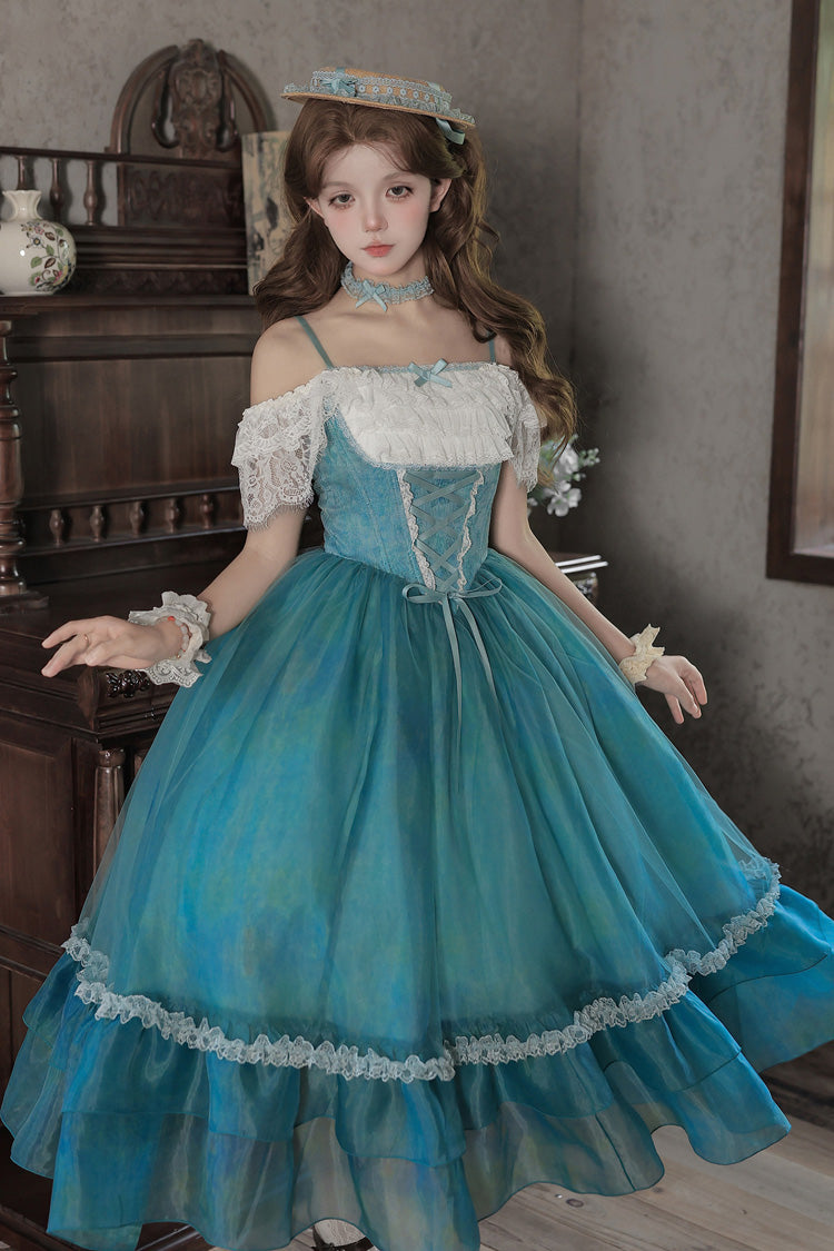 Blue/Green [Water Lily] Square Collar Ruffled Lace-Up Sweet Royal Lolita Dress 2 Versions - Product - 17