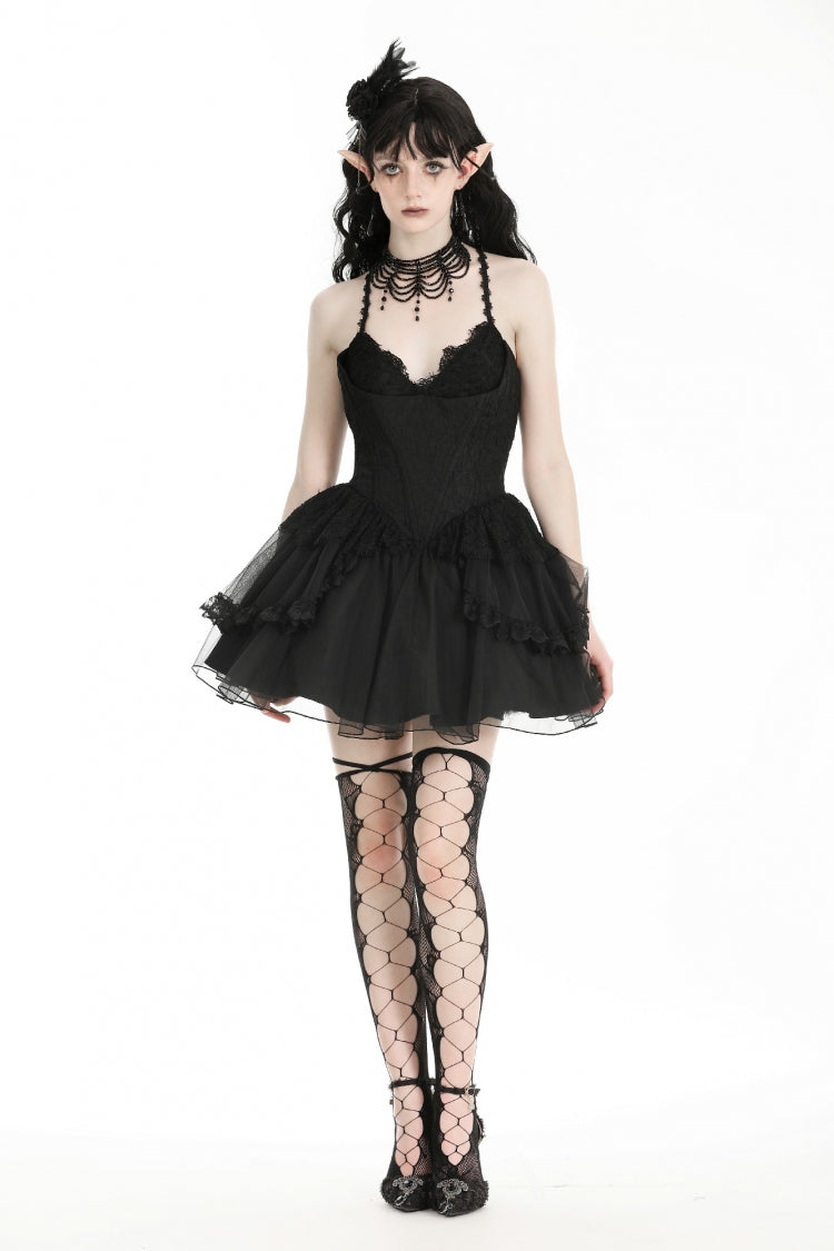 Black V Collar Sleeveless Multi-Layered Lace Trim Lace-Up Women's Gothic Party Slip Graduation Dress - Black - 1