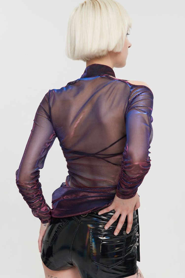 Multi-Color Punk Long Sleeve Mesh Neck Zipper Adjustable Shoulder Straps Asymmetric Women's T-Shirt - Product - 6