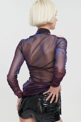 Multi-Color Punk Long Sleeve Mesh Neck Zipper Adjustable Shoulder Straps Asymmetric Women's T-Shirt - Product - 6