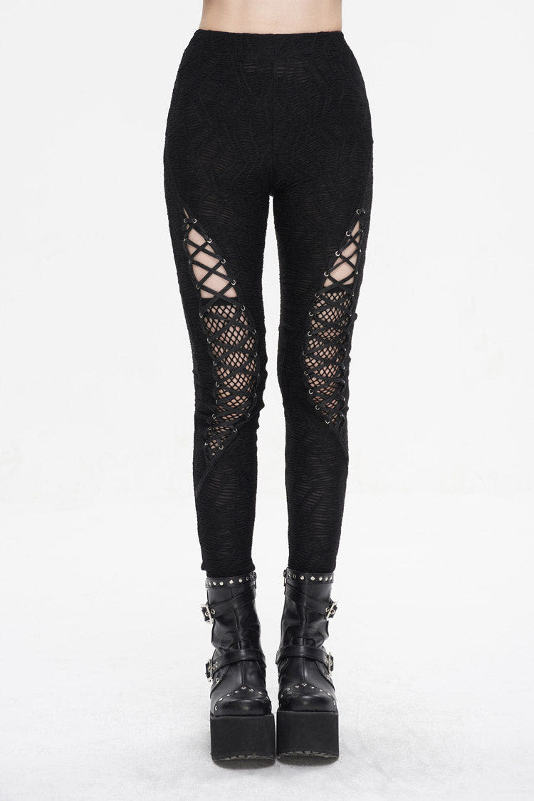 Black Strappy Mesh Splice Ruched Women's Punk Leggings - Black - 1
