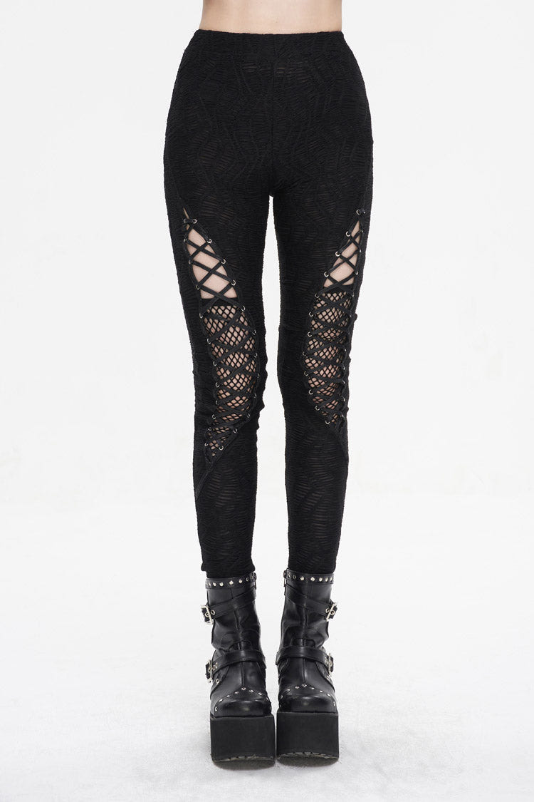 Black Strappy Mesh Splice Ruched Women's Punk Leggings - Black - 1