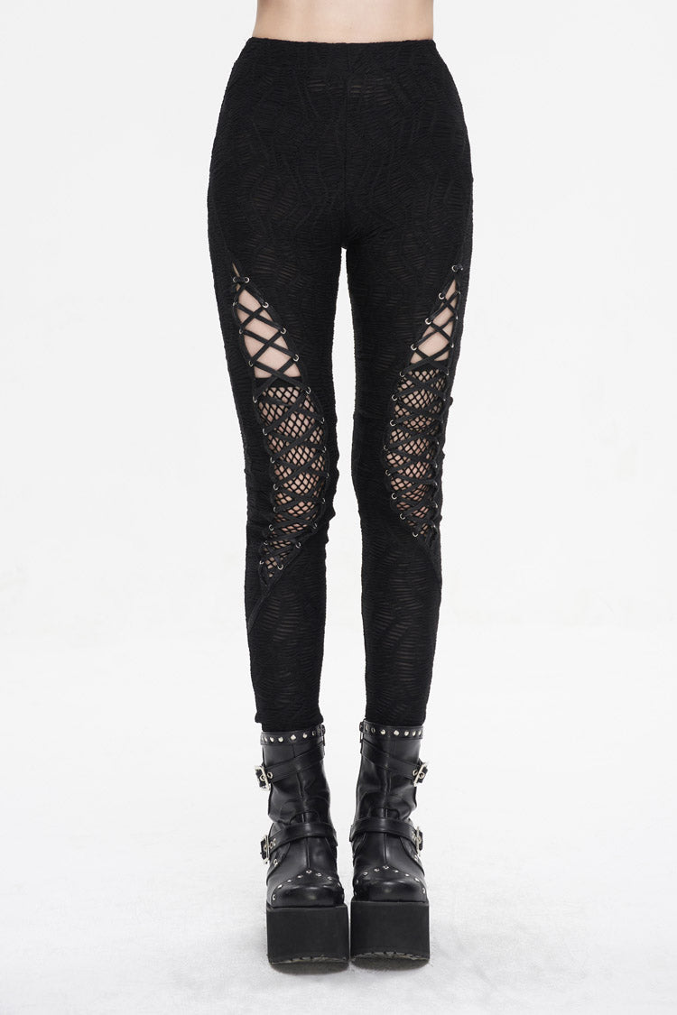 Black Strappy Mesh Splice Ruched Women's Punk Leggings - Black - 1