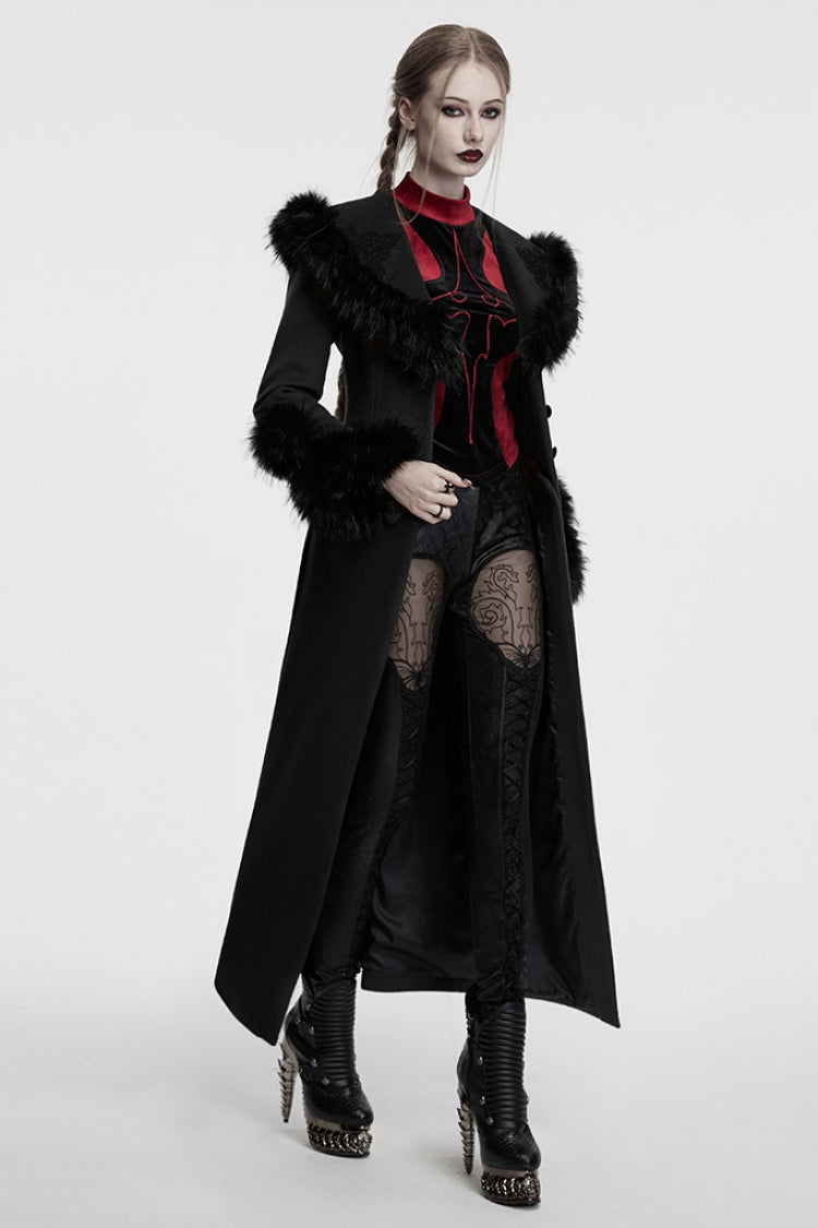 Black Long Sleeves Faux Fur Stitching Lace-Up Detachable Women's Gothic Coat - Product - 2