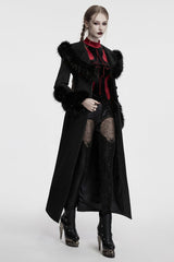 Black Long Sleeves Faux Fur Stitching Lace-Up Detachable Women's Gothic Coat - Product - 2