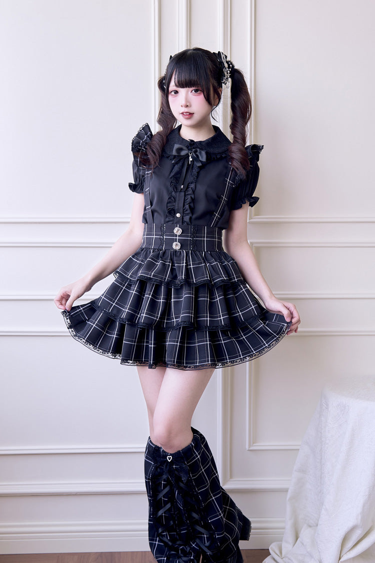 Black Triple-Layered Plaid Print Ruffle Gothic Jirai Kei Japanese Strap Dress - Product - 5