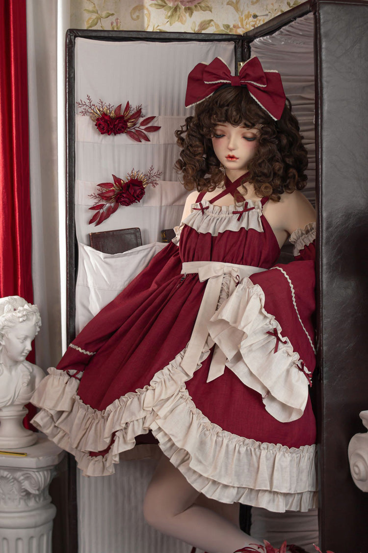 Red [Monet Estate] Sleeveless High Waisted Ruffle Bowknot Asymmetric Gothic Lolita Jsk Dress - Product - 12