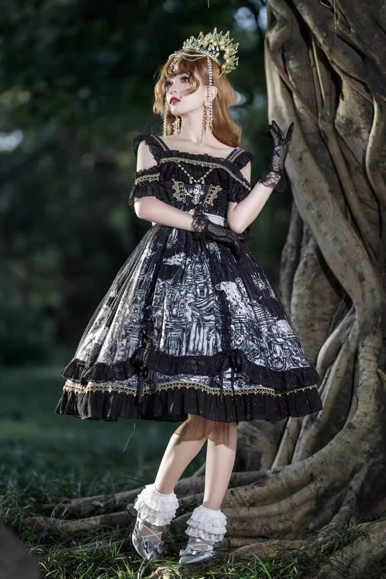 Black [Castle Feast] Print Ruffle Bowknot Gothic Princess Lolita Jsk Dress - Product - 7