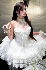 White [Love God Bride] Halterneck Ruffle Hanayome Bowknot Lace Sweet Princess Lolita Jsk Dress - Product - 8