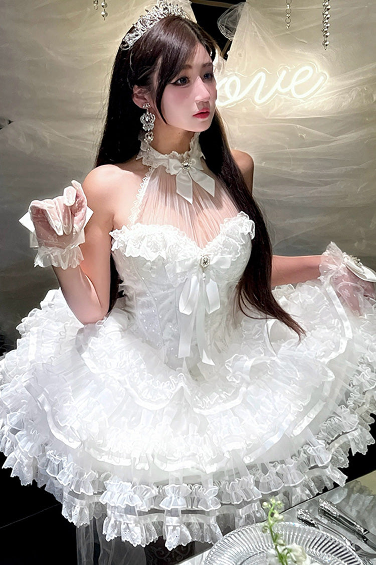 White [Love God Bride] Halterneck Ruffle Hanayome Bowknot Lace Sweet Princess Lolita Jsk Dress - Product - 8
