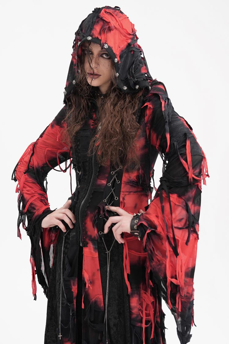 Black/Red Long Sleeves Lace Ripped Zipper Women's Punk Coat - Product - 2
