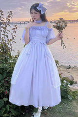 Boat Neck Bubble Short Sleeve Flower Embellished High Waisted Sweet Lolita Dress - Purple - 6