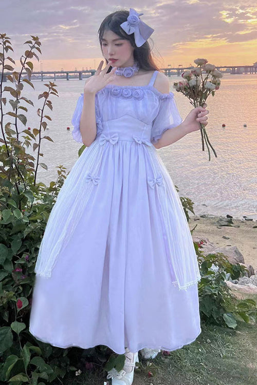 Boat Neck Bubble Short Sleeve Flower Embellished High Waisted Sweet Lolita Dress - Purple - 6