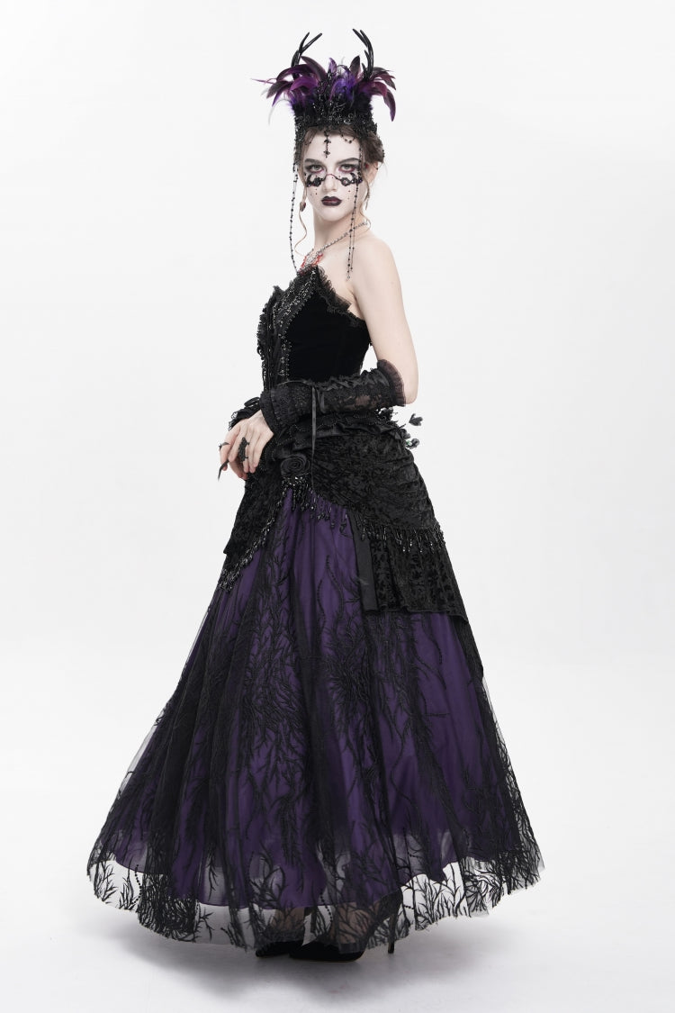 Black/Purple Floral Embroidered Beaded Women's Gothic Long Skirt - Product - 14