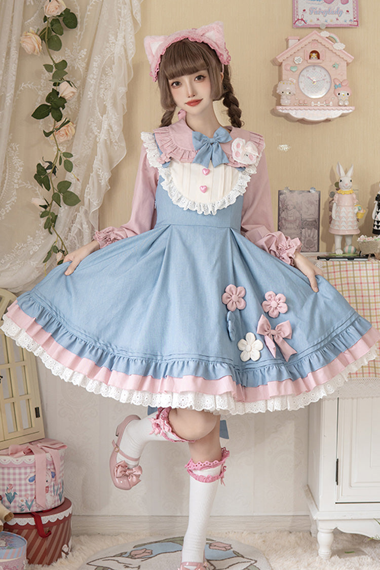Blue/Pink Plum Blossom Snow Rabbit Ruffle Bowknot Sweet Lolita Dress - Blue/Pink - 1