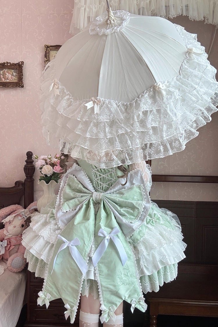 Green Sleeveless Triple-Layered Ruffle Embroidery Bowknot Lace-Up Pearl Sweet Plus Size Lolita Jsk Dress - Product - 5