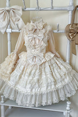 Apricot [Love and Heart Flutter] Sleeveless Multi-Layered Ruffle Bowknot Lace Pearl Sweet Lolita Jsk Dress - Product - 4