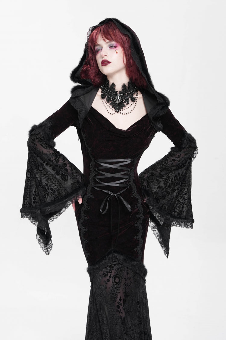 Black/Red Long Trumpet Sleeves Embroidery Stitching Lace Hooded Mesh Women's Gothic Dress - Product - 8