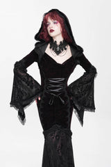 Black/Red Long Trumpet Sleeves Embroidery Stitching Lace Hooded Mesh Women's Gothic Dress - Product - 8