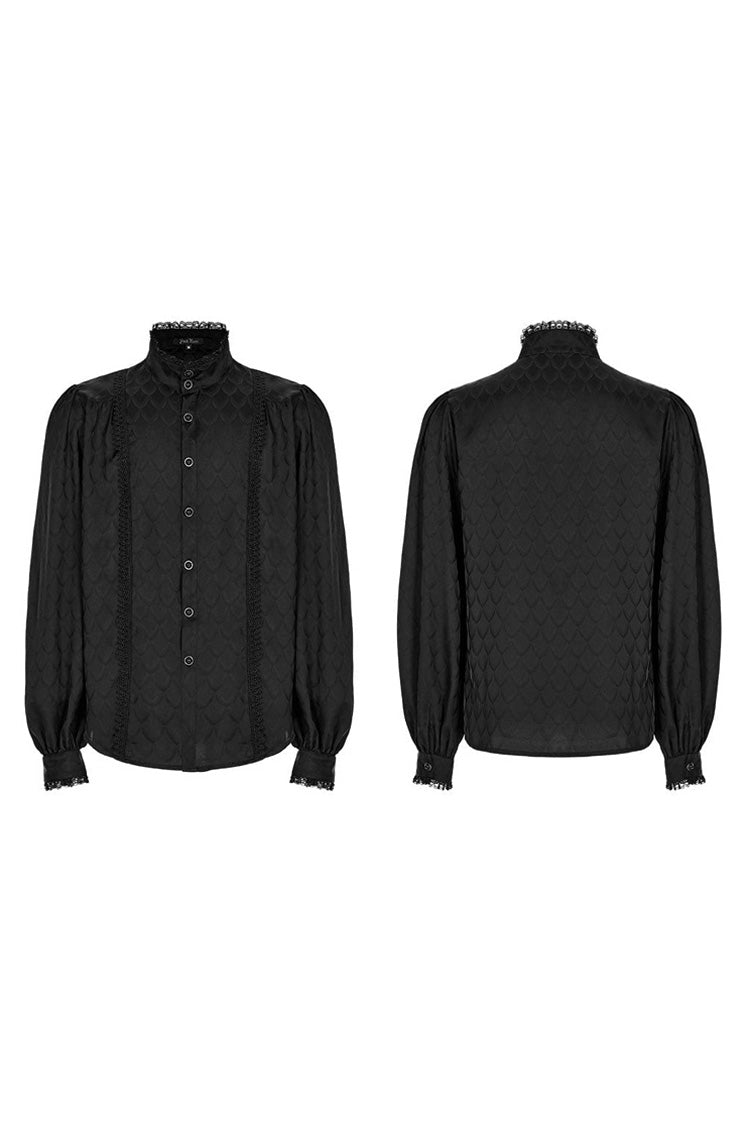 Black Punk Turtleneck Dragon Scale Jacquard Long Lantern Sleeves Lace Edge Men's Shirt - Product - 5