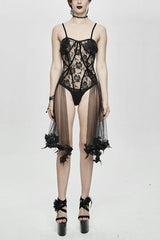 Black Translucent Rose Lace Mesh Hem Sling Women's Gothic Jumpsuit - Black - 1