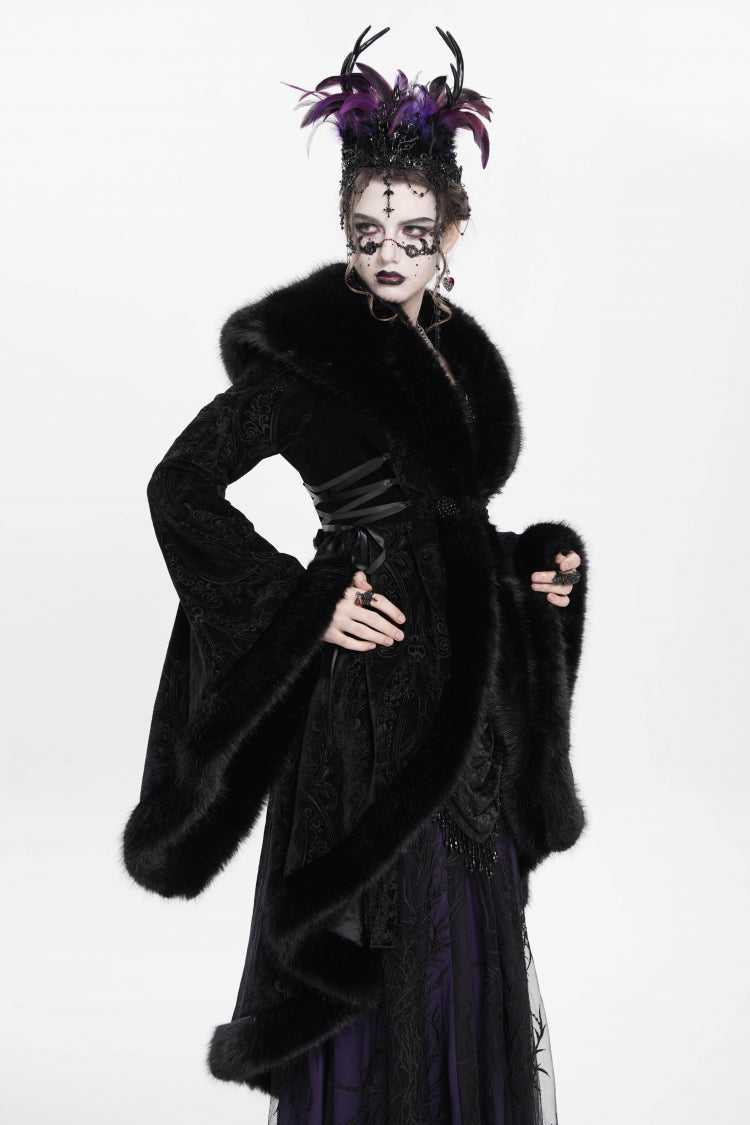 Black Long Sleeves Floral Embroidery Women's Gothic Fluffy Coat - Product - 6