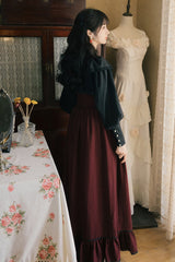 Black/Red Long Sleeves High Waisted Printed Lace Gothic Vintage Lolita Long Skirt Dress Set - Product - 6