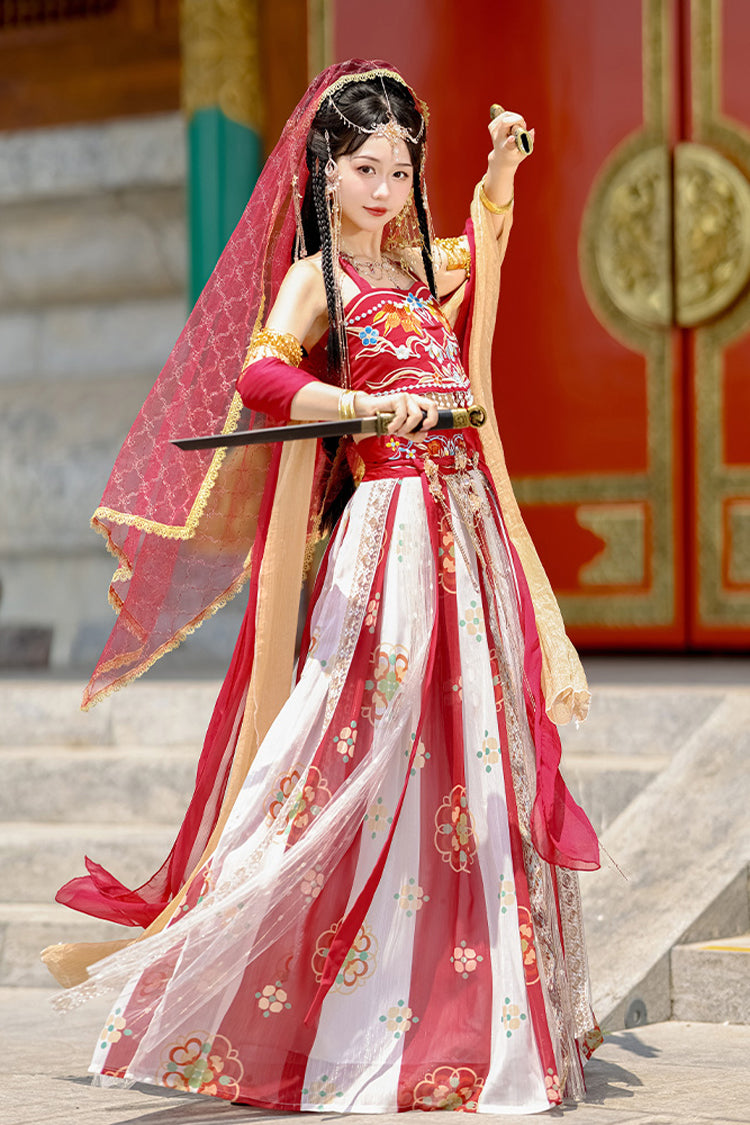 Red Elegant Print Embroidery High Waisted Sleeveless Hanfu Dress Full Set - Product - 4