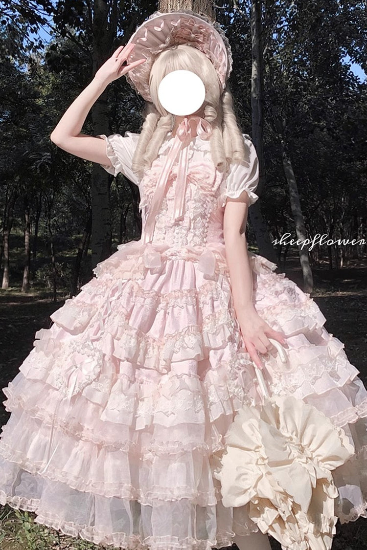 Pink [Sweetheart Diary] Multi-Layered Ruffle Hanayome Embroidery Bowknot Lace Sweet Lolita Jsk Dress - Product - 4