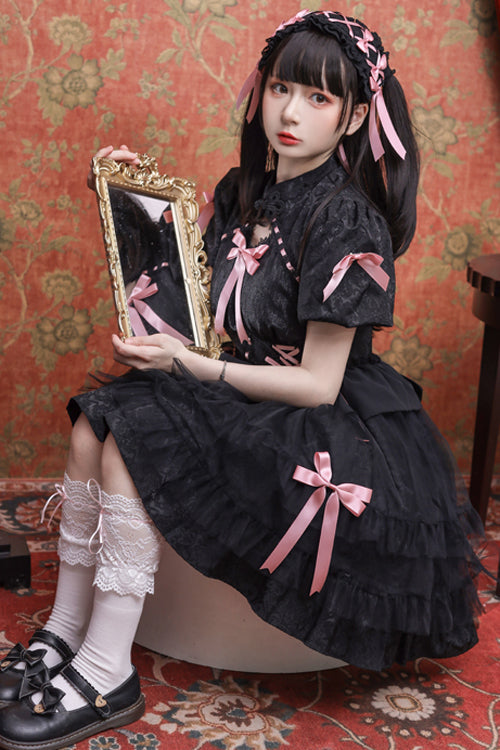 Stand Collar One Button Bubble Short Sleeve Lace Hem Sweet Lolita Dress - Product - 5