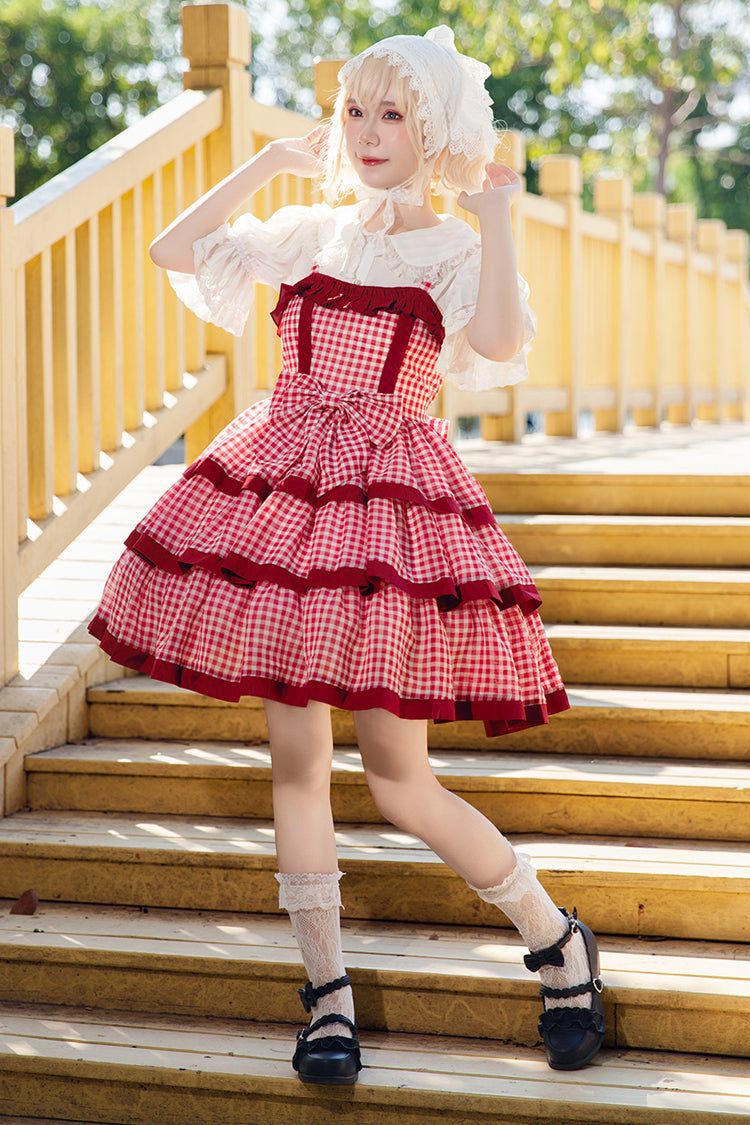 Red [Cloth Cat] Triple-Layered Plaid Print Ruffle Bowknot Sweet Lolita Dress - Product - 6