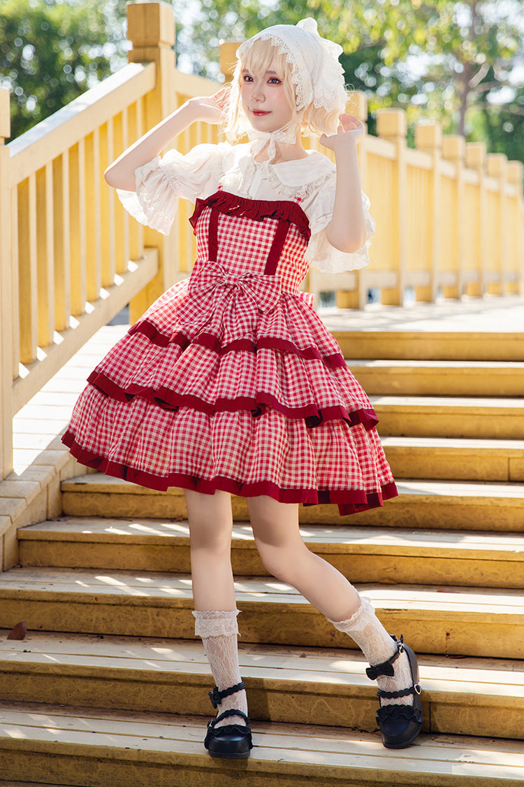 Red [Cloth Cat] Triple-Layered Plaid Print Ruffle Bowknot Sweet Lolita Dress - Product - 6