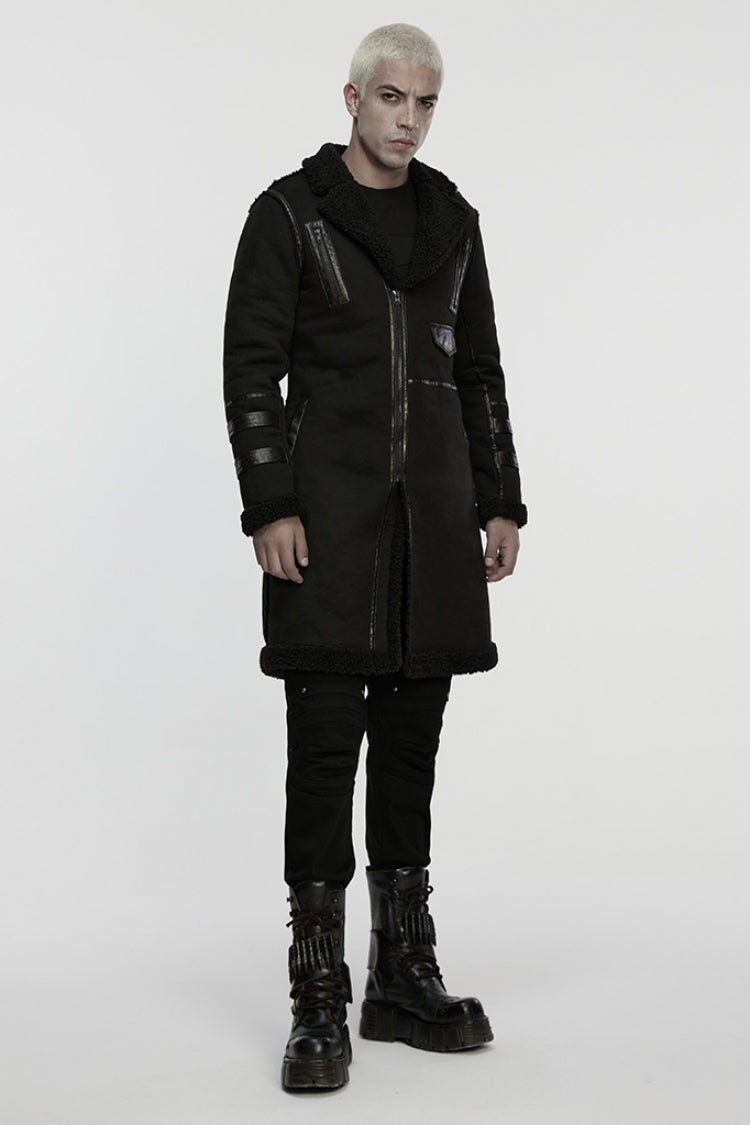 Black Plush Lapel Collar Sleeveless Asymmetric Zipper Men's Gothic Jacket - Product - 4