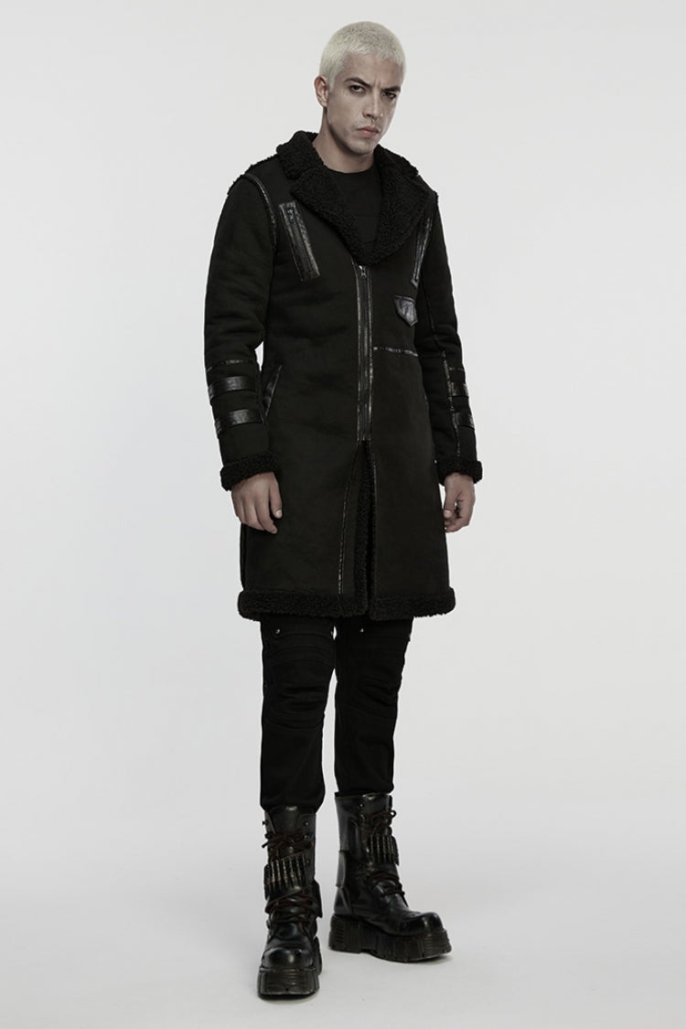 Black Plush Lapel Collar Sleeveless Asymmetric Zipper Men's Gothic Jacket - Product - 4
