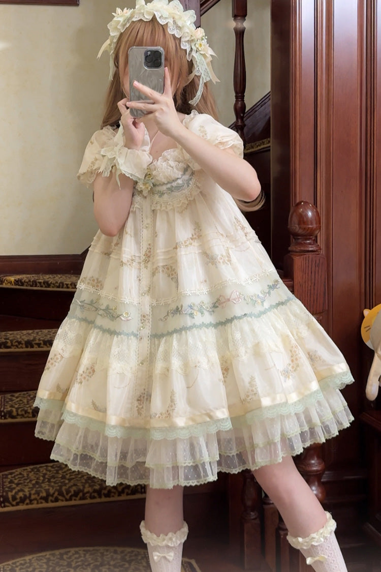 Multi-Color [Daisy Poetry] Print Ruffle Hollow Embroidery Lace Sweet Elegant Princess Lolita Dress - Multi-Color - 1