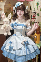 Blue [Glass Bottle] Square Collar Sleeveless Triple-Layered Printed Ruffled Bow Asymmetric Sweet Lolita Jsk Dress - Product - 4