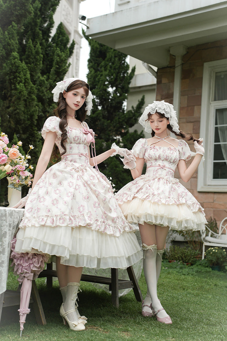 Ivory [Rose After The Rain] Short Sleeves Triple-Layered Print Ruffle Bowknot Lace-Up Sweet Lolita Short Dress - Product - 18