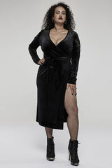 Black Velvet Sexy V-Neck Hollow Out Exquisite Applique Hem Slit Design Corded Long Women's Plus Size Gothic Dress - Product - 4