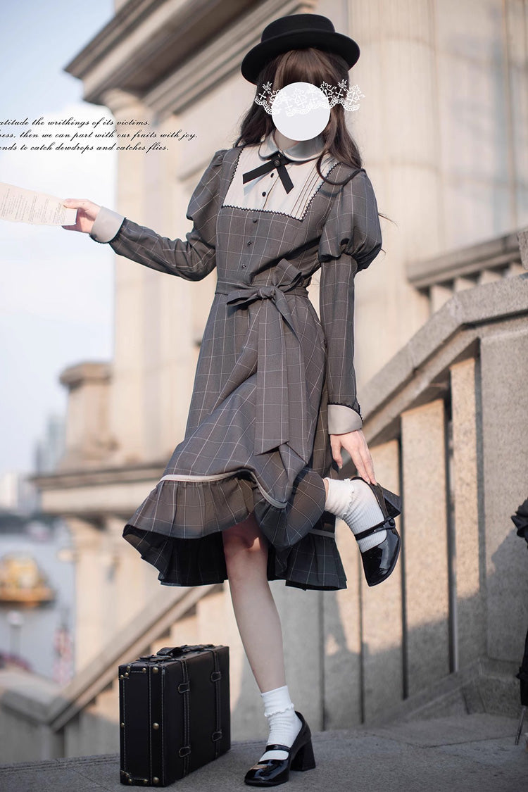 Grey Plaid Print Ruffle Bowknot Classic Vintage College Style Elegant Lolita Dress - Product - 11