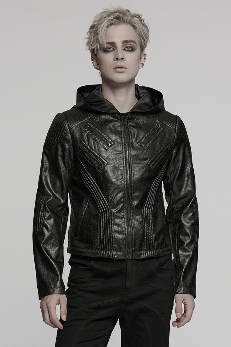 Black Long Sleeves Ruched Faux Leather Stitching Hooded Detachable Men's Punk Coat - Black - 1