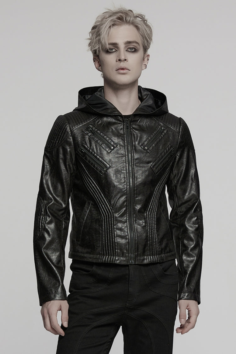 Black Long Sleeves Ruched Faux Leather Stitching Hooded Detachable Men's Punk Coat - Black - 1