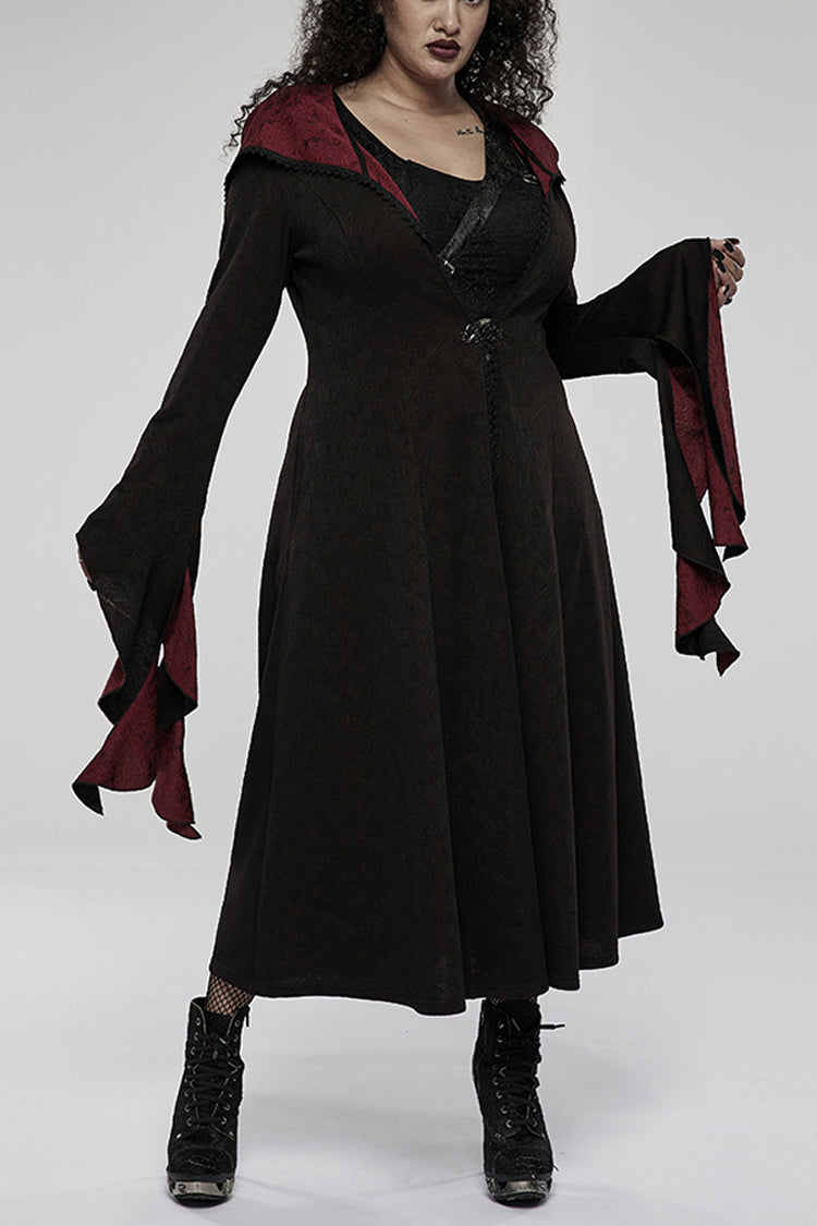 Black/Red Knitted Long Sleeves Big Hat Mystery Witch Rose Pattern Women's Gothic Coat - Black/Red - 1
