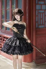 Black Bamboo Dream Multi-layer Dark Pattern Print Ruffle Gothic Lolita Skirt Set - Product - 6