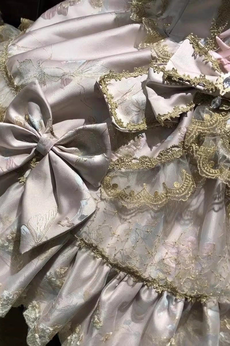 Sweet Sleeveless Ruffled Foil-Stamped Embroidered Open-Front Bow Lace Gorgeous Lolita Jsk Dress 4 Colors - Product - 6