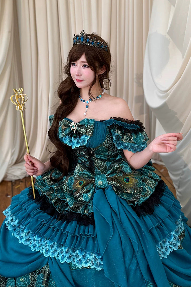 Blue/Green [Peacock Spirit Princess] Sleeveless Multi-Layered Ruffled Bow Lace-Up Classic Elegant Lolita Jsk Dress - Product - 11