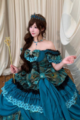Blue/Green [Peacock Spirit Princess] Sleeveless Multi-Layered Ruffled Bow Lace-Up Classic Elegant Lolita Jsk Dress - Product - 11