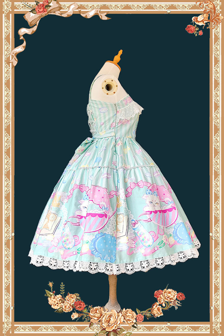 Green [Macarons Dolly House] Square Collar Sleeveless Printed Bow Sweet Lolita Jsk Dress - Product - 2