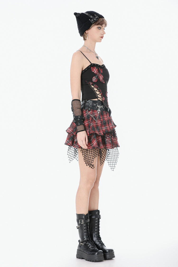 Black Strap Off Shoulder Asymmetric Side Lace-Up Eyelet Women's Punk Plaid Cross Bustier - Product - 2